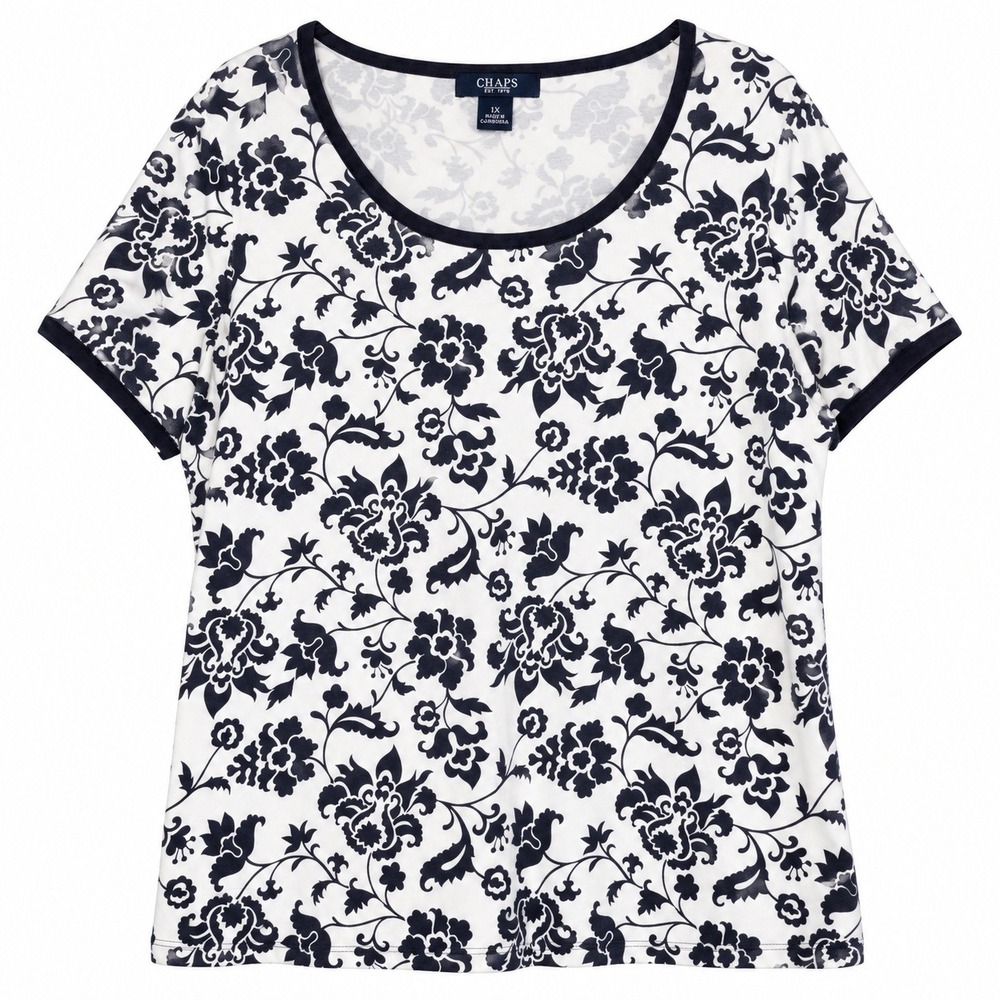 CHAPS Women 1X Navy White Floral Damask Top Scoop Neck Short Sleeve Cottagecore